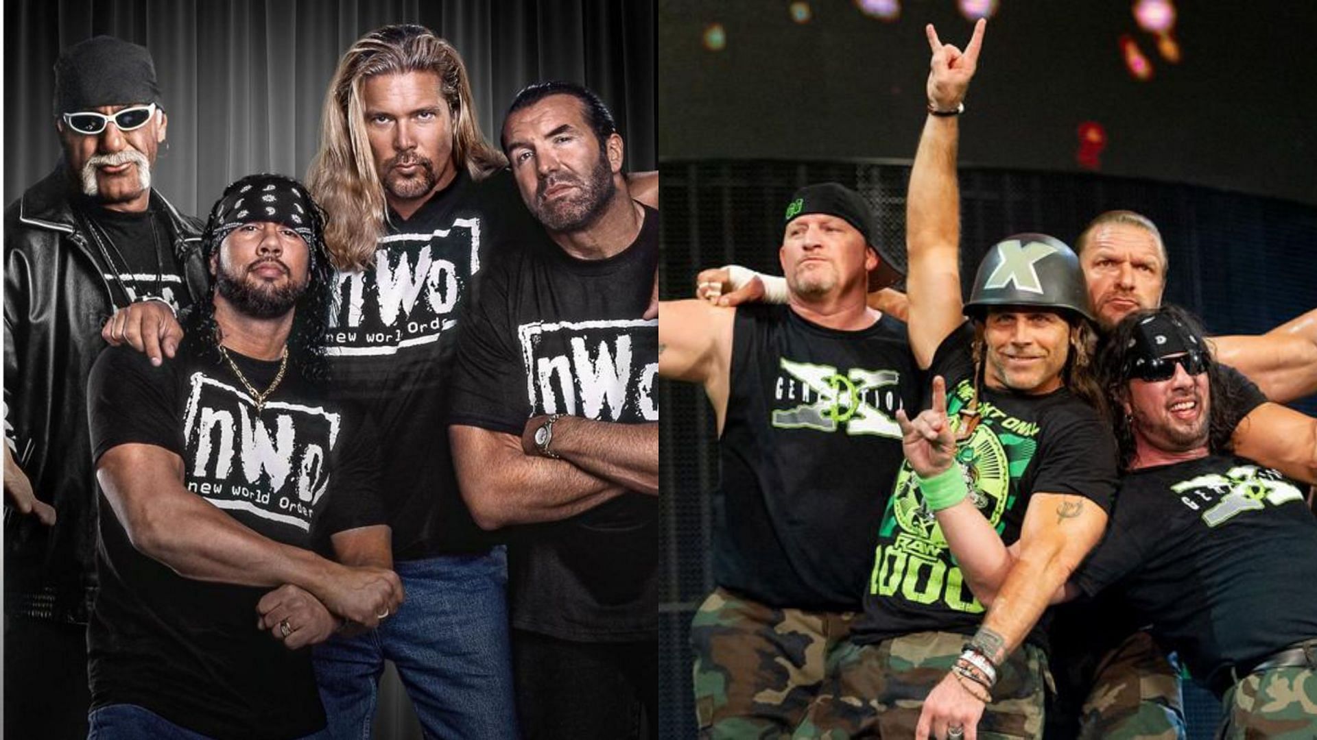 WWE Hall of Famers the NWO (left) and D-Generation X (right)