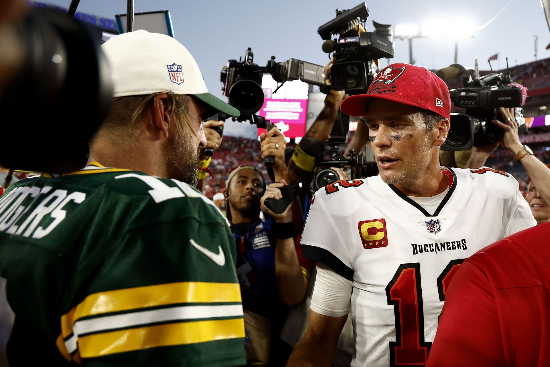 Aaron Rodgers and Tom Brady at Green Bay Packers v Tampa Bay Buccaneers