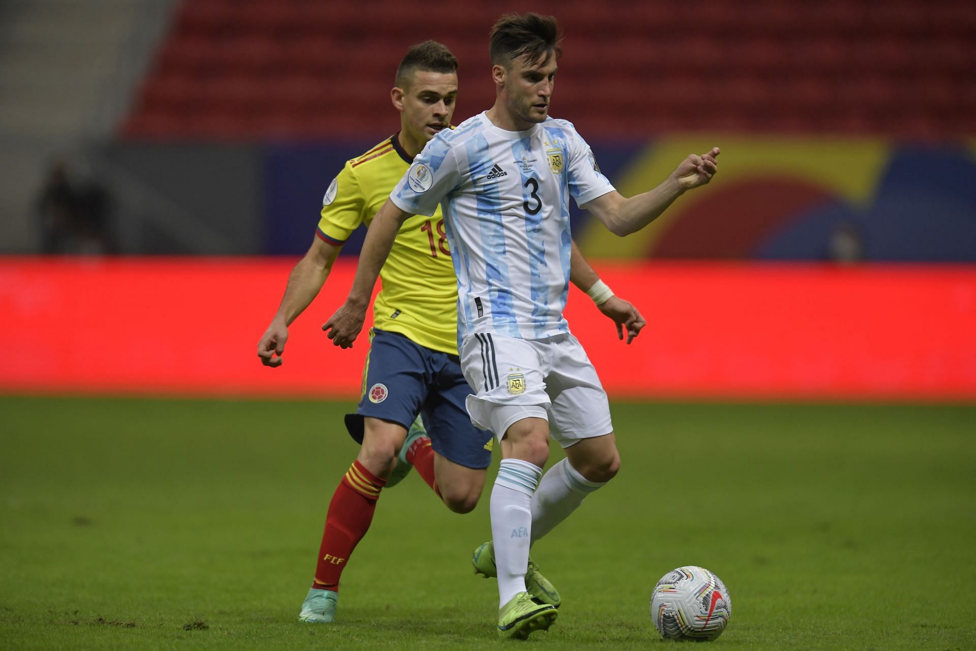 Nicolas Tagliafico in action against Colombia: Semifinal - Copa America Brazil 2021