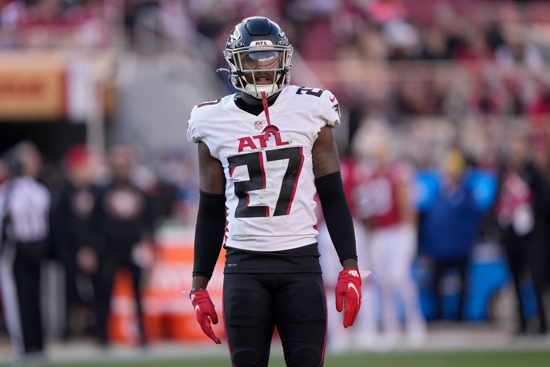 Richie Grant #27 of the Atlanta Falcons looks on after a play