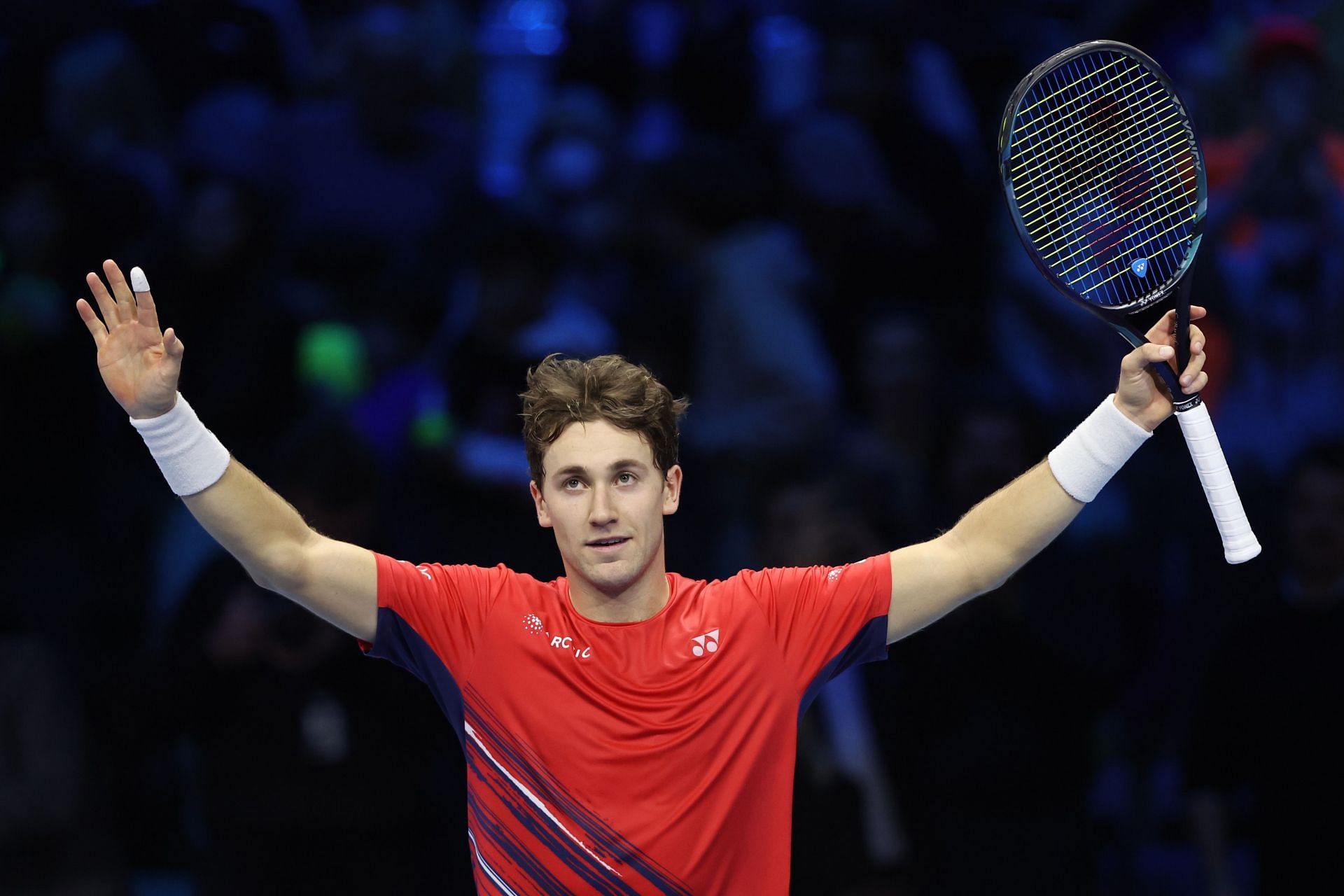 Casper Ruud celebrates his victory over Andrey Rublev in the ATP Finals