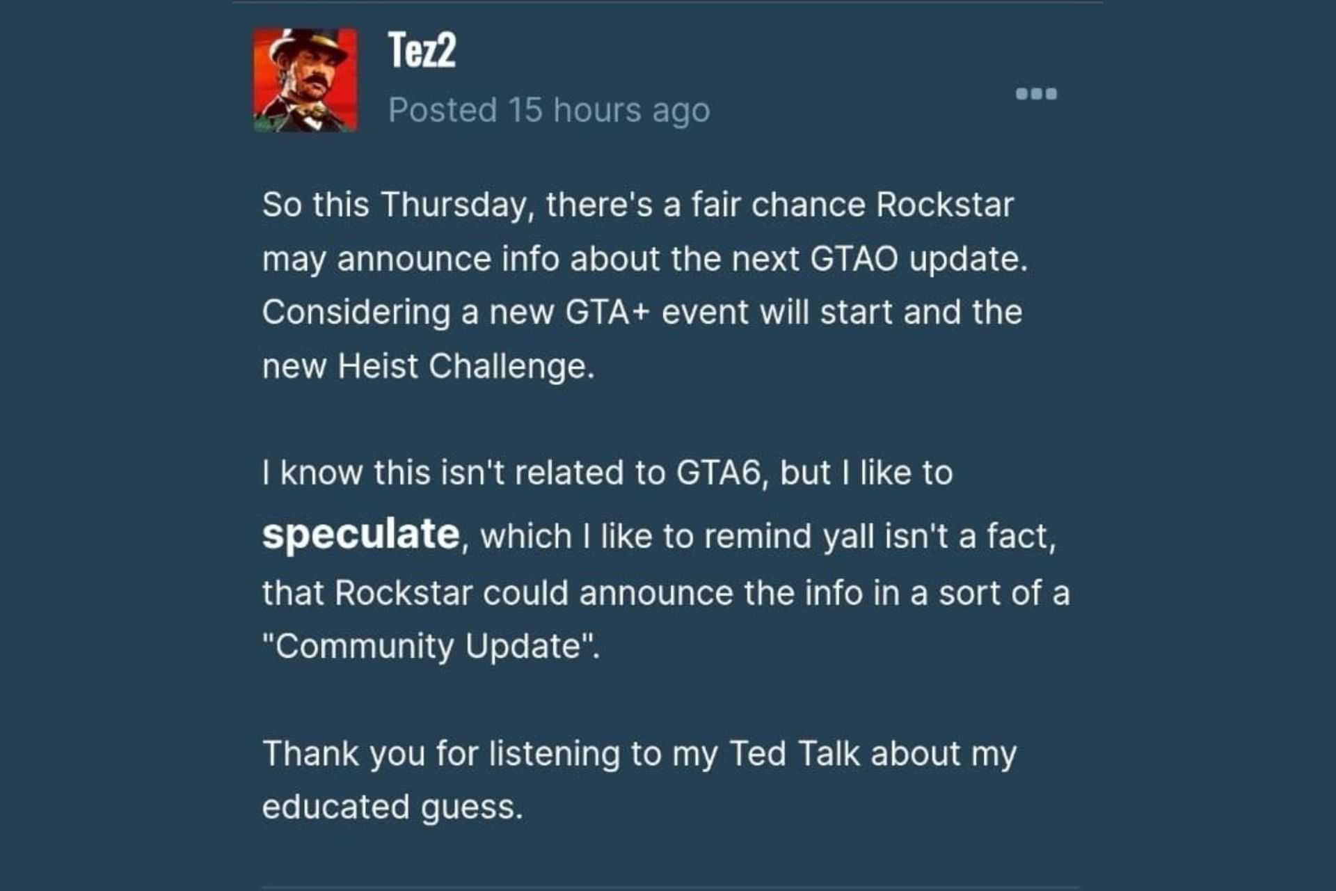 A screenshot of Tez2&#039;s post on GTA Forums