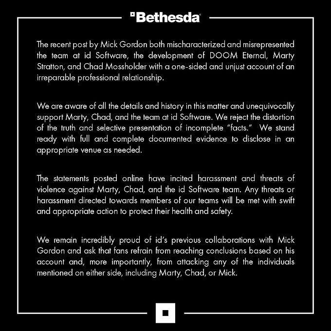 Bethesda Responds With Official Statement Amidst Mick Gordon's ...