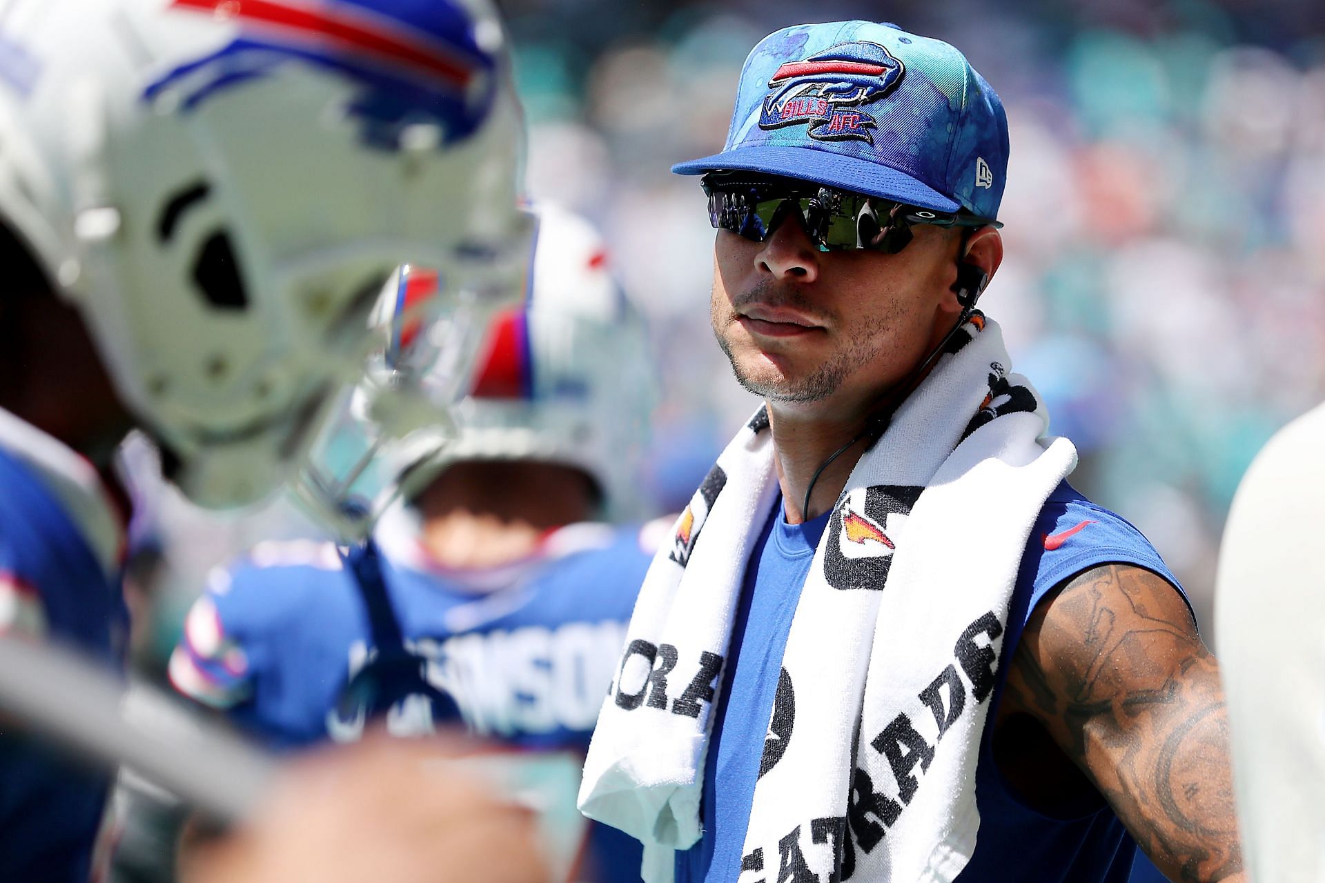 Jordan Poyer of the Buffalo Bills looks on from the sideline