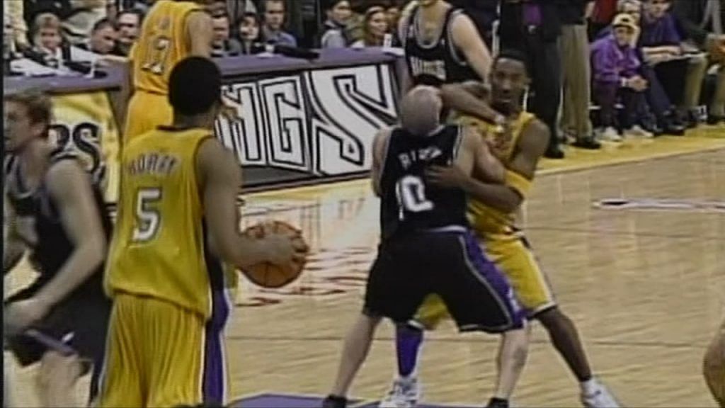Kobe Bryant of the LA Lakers against Mike Bibby of the Sacramento Kings in Game 6 of the 2002 Western Conference Finals
