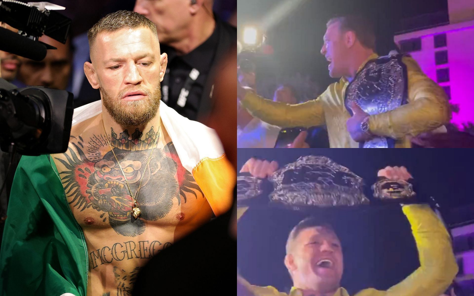 Conor McGregor (Left), McGregor partying at the Abu Dhabi GP (Top and Bottom Right) [Image courtesy: left image via Getty Images; top and bottom right images via @FullCombat_Twitter]