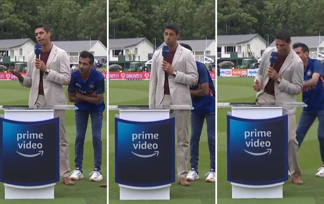 Yuzvendra Chahal leaves fans in split as he hides behind Ashish Nehra during pre-match segment ahead of IND vs NZ 3rd ODI