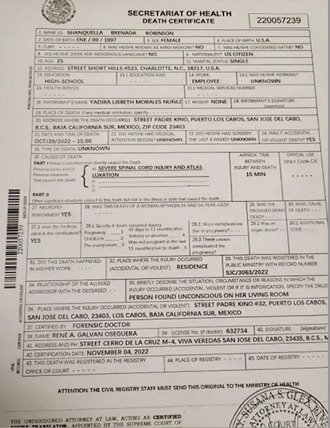 The death certificate of Robinson produced initially does not state anything about her being alive for 3 hours after the accident. (Image via WSOC TV)