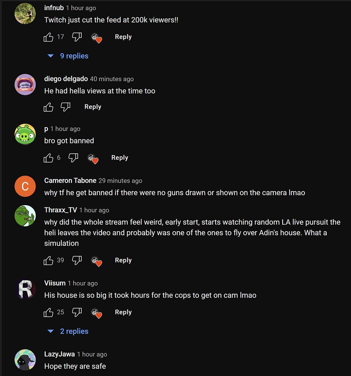 Fans in the YouTube comments section reacting to Adin Ross getting swatted on livestream (Images via wsir/YouTube)