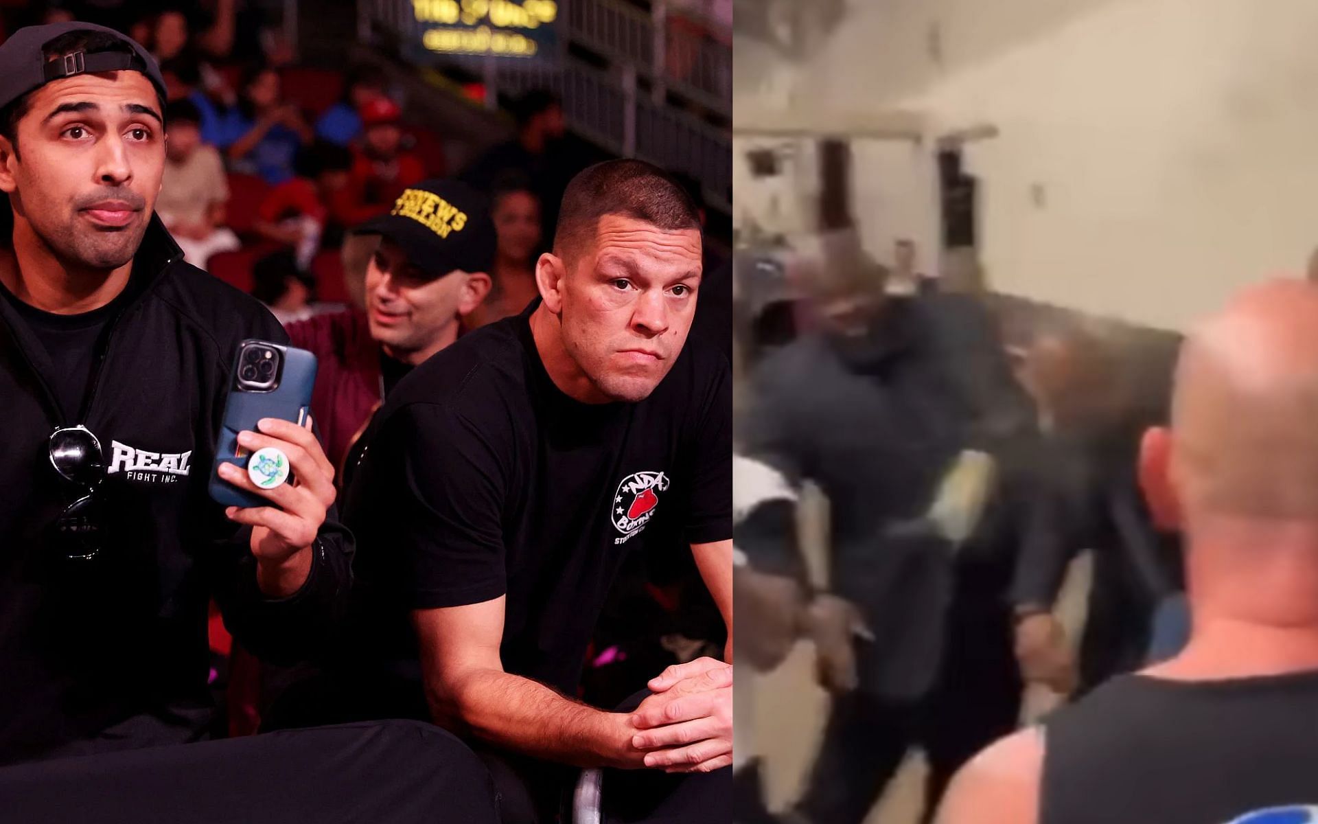 Nate Diaz and team (left) and footage of backstage incident (right) [Image courtesy:@insidefighting on YouTube]
