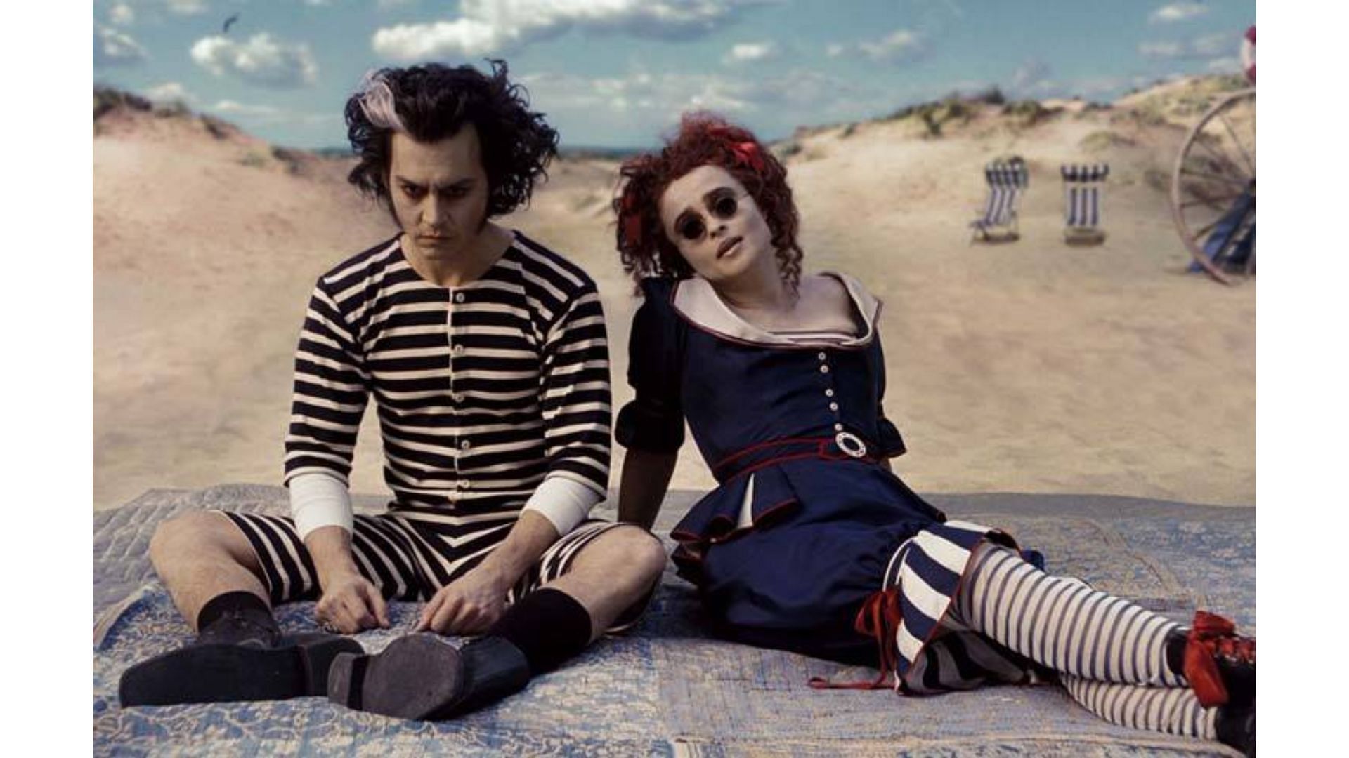 Depp and Carter on the set of Tim Burton&#039;s Sweeney Todd (image via Facebook/The Academy)