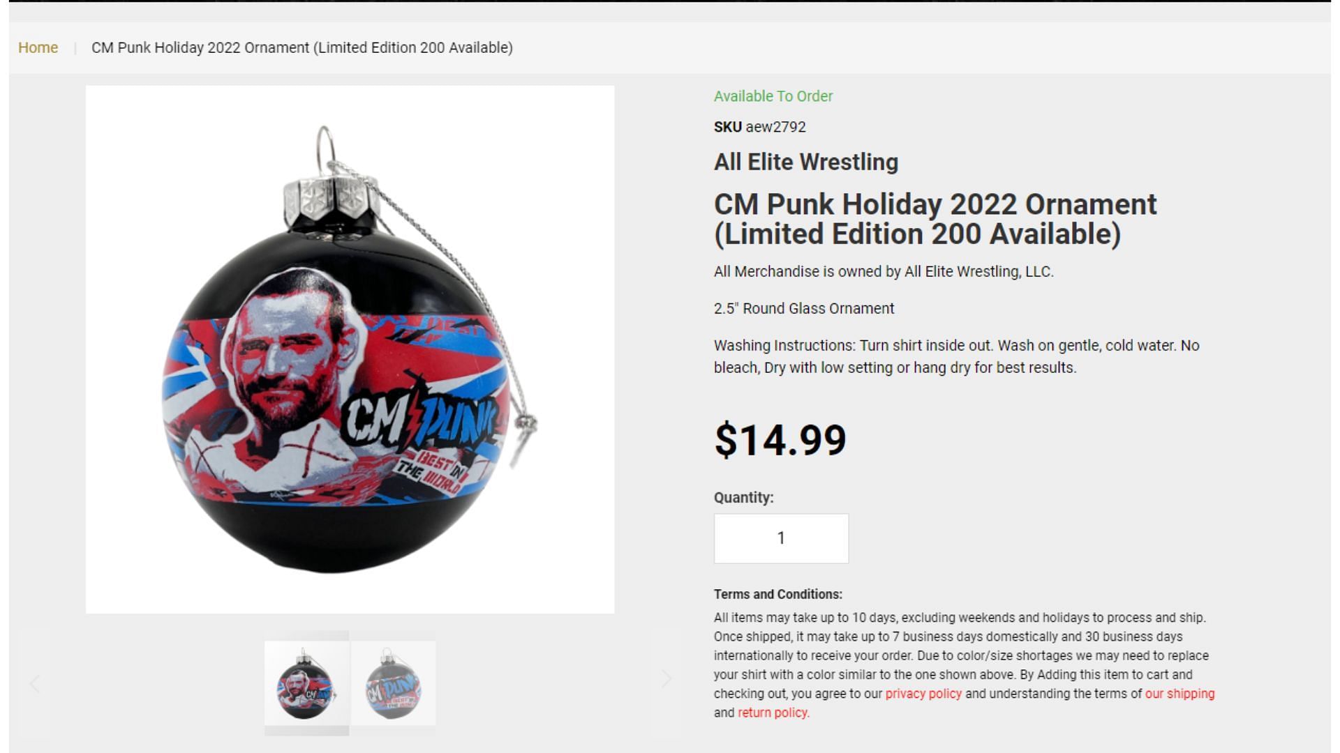 The official listing for the Limited Edition CM Punk Holiday 2022 Ornament.