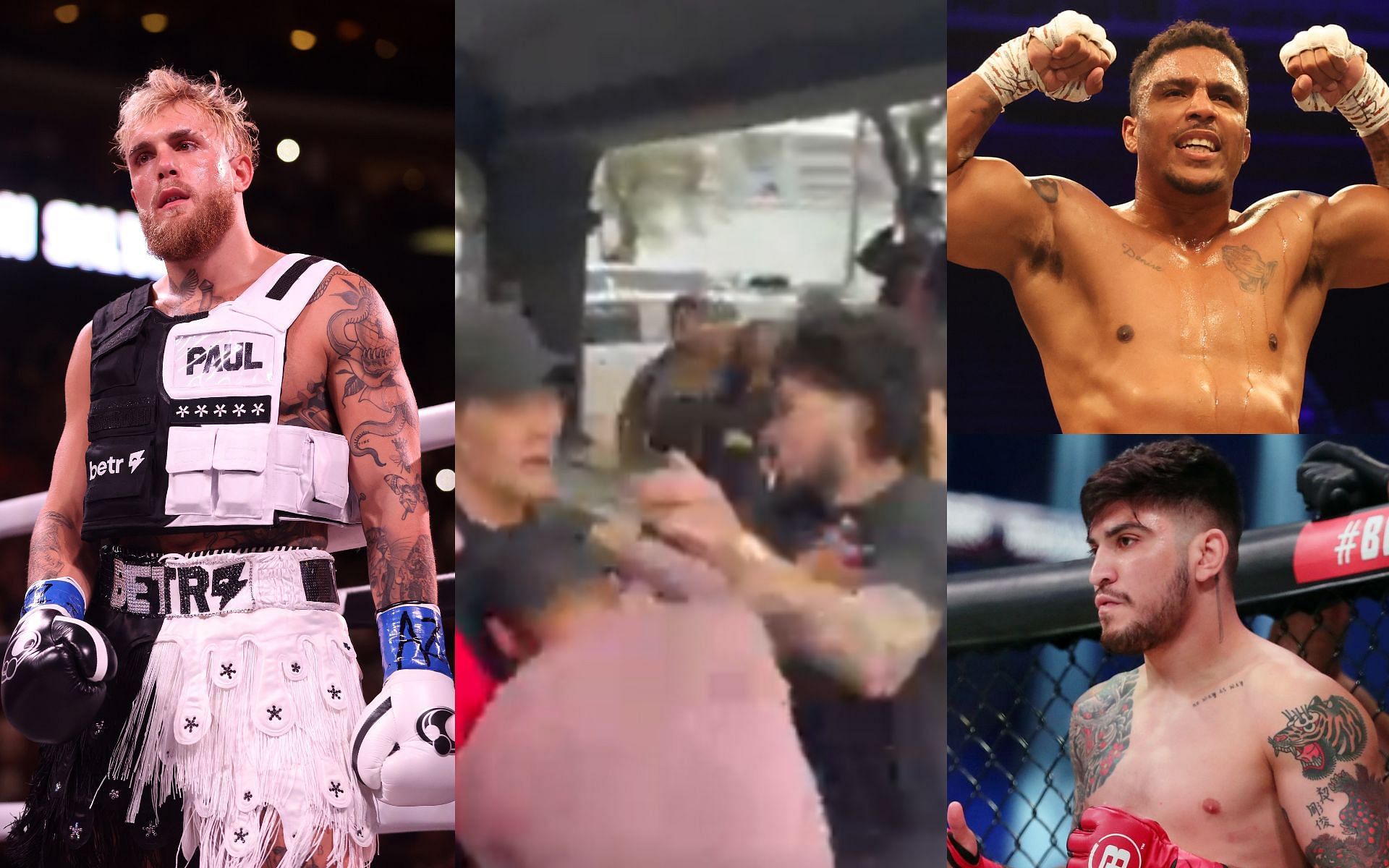 Jake Paul (left), Anthony Taylor punching Dillon Danis (center), Taylor (top right), and Danis (bottom right). [Images courtesy: left image and top right from Getty Images, center image from Twitter @IFLTV and bottom right image from USA Today]