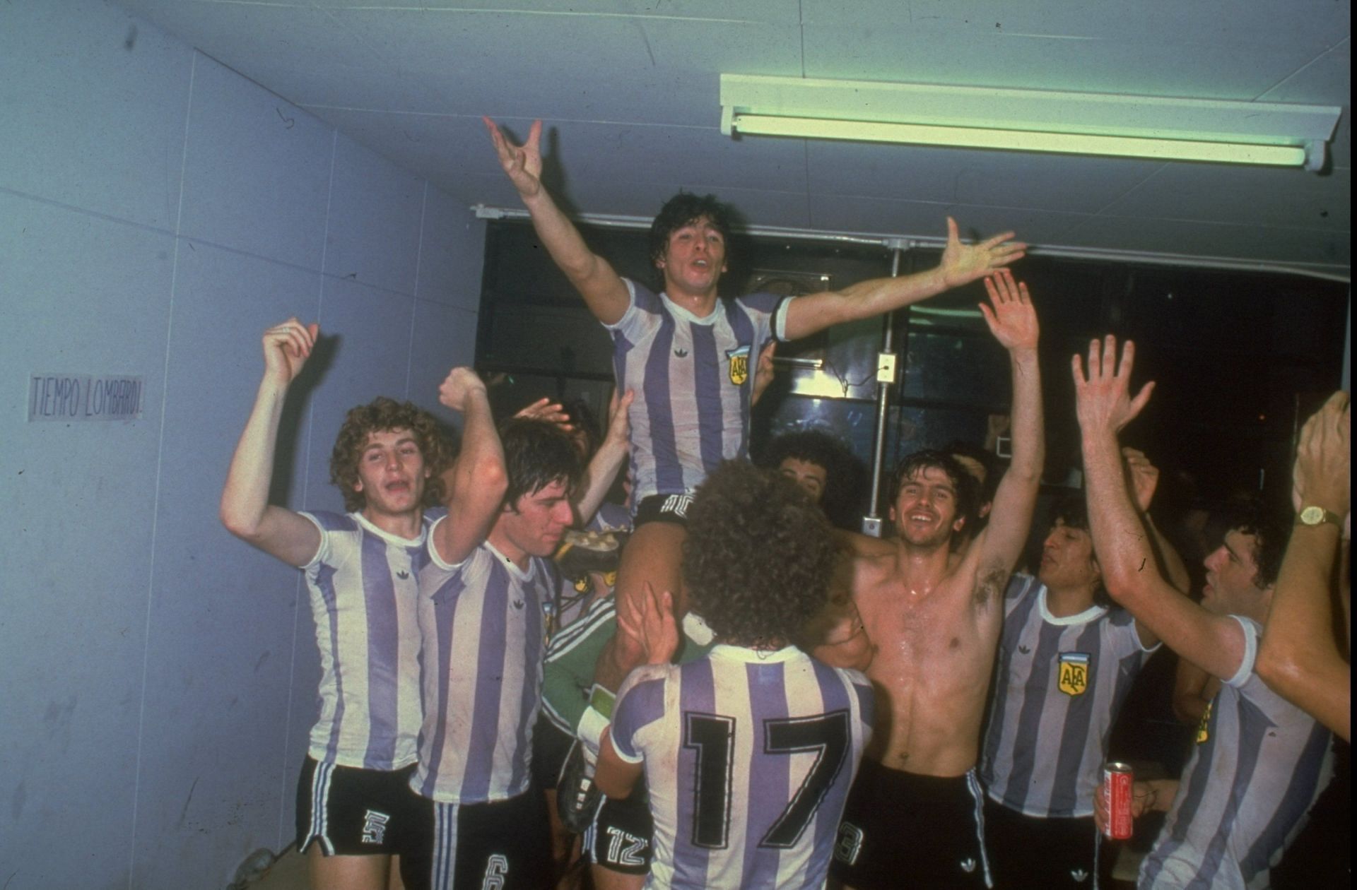 Diego Maradona of Argentina celebrating on his team mates shoulders after winning a game.