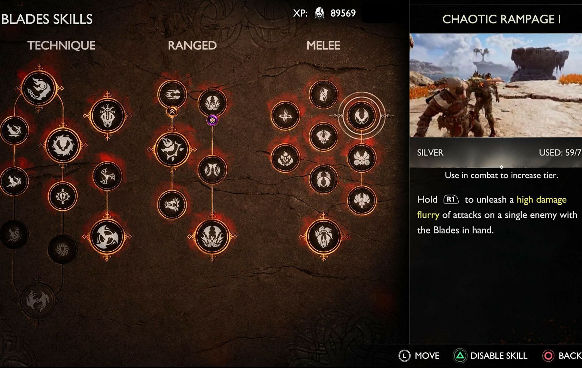 Blades of Chaos skill tree menu: Unlock the Chaotic Rampage skillset from the melee branch in the far right (Image via Santa Monica Studio)