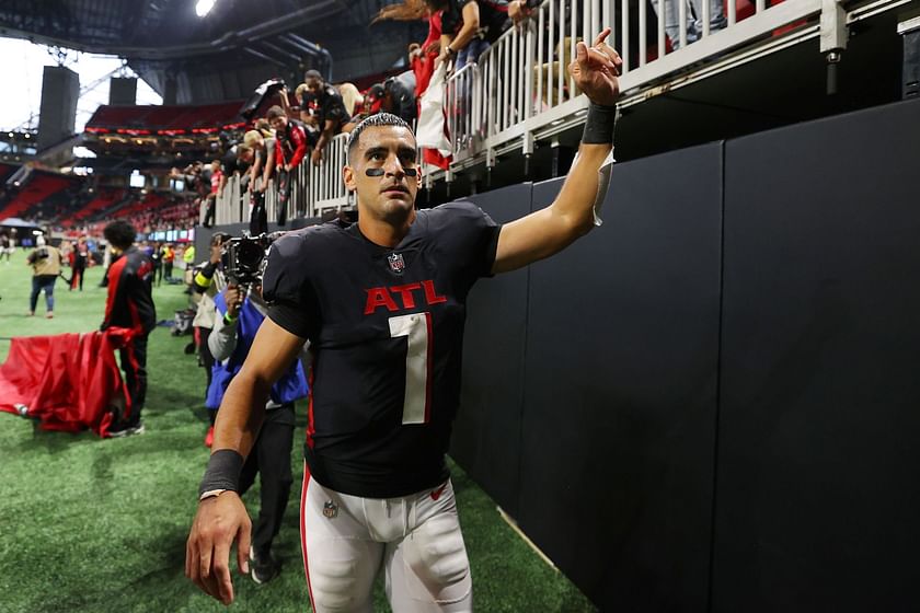 Atlanta Falcons fans watch warmups before the season home opener