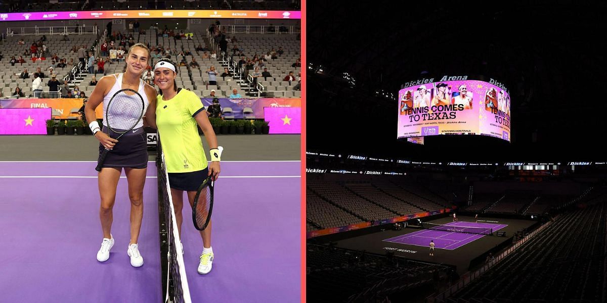 Ons Jabeur and Aryna Sabalenka during the 2022 WTA Finals (L).
