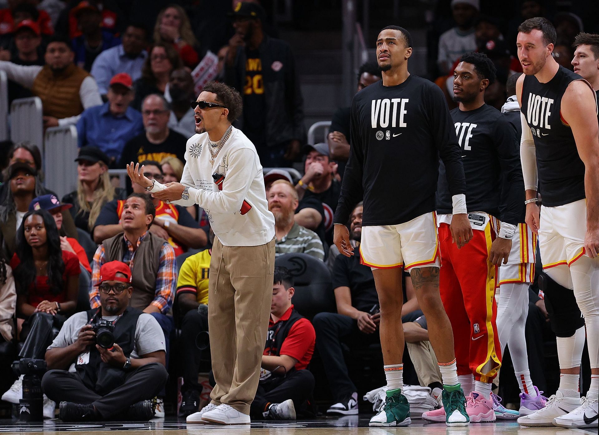 Trae Young watched from the sidelines as the Atlanta Hawks beat the Milwaukee Bucks in their last game. 