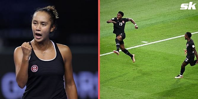 Leylah Fernandez celebrates Canada's first-ever goal at the 2022 FIFA World Cup