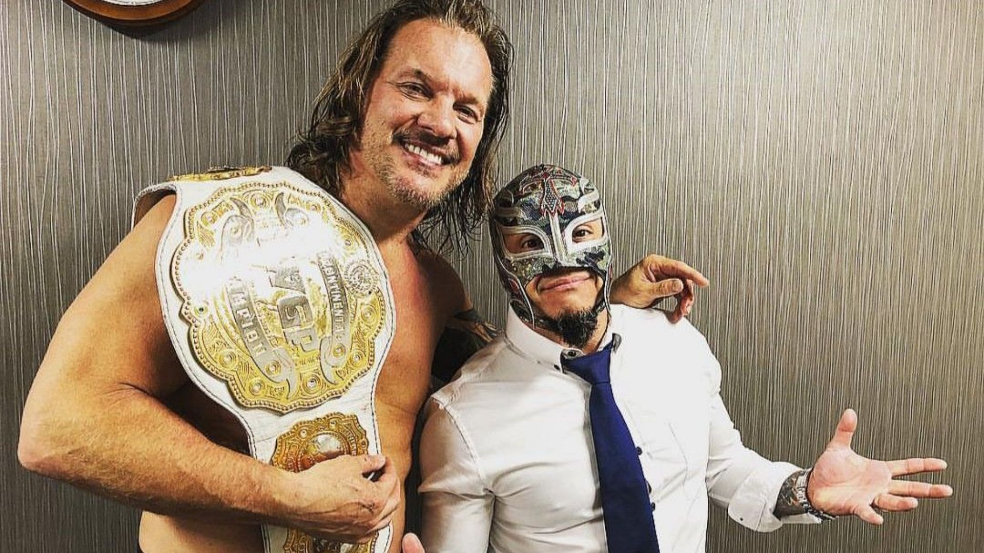 The two veterans during the celebration of Jericho&#039;s IWGP Intercontinental World Championship victory