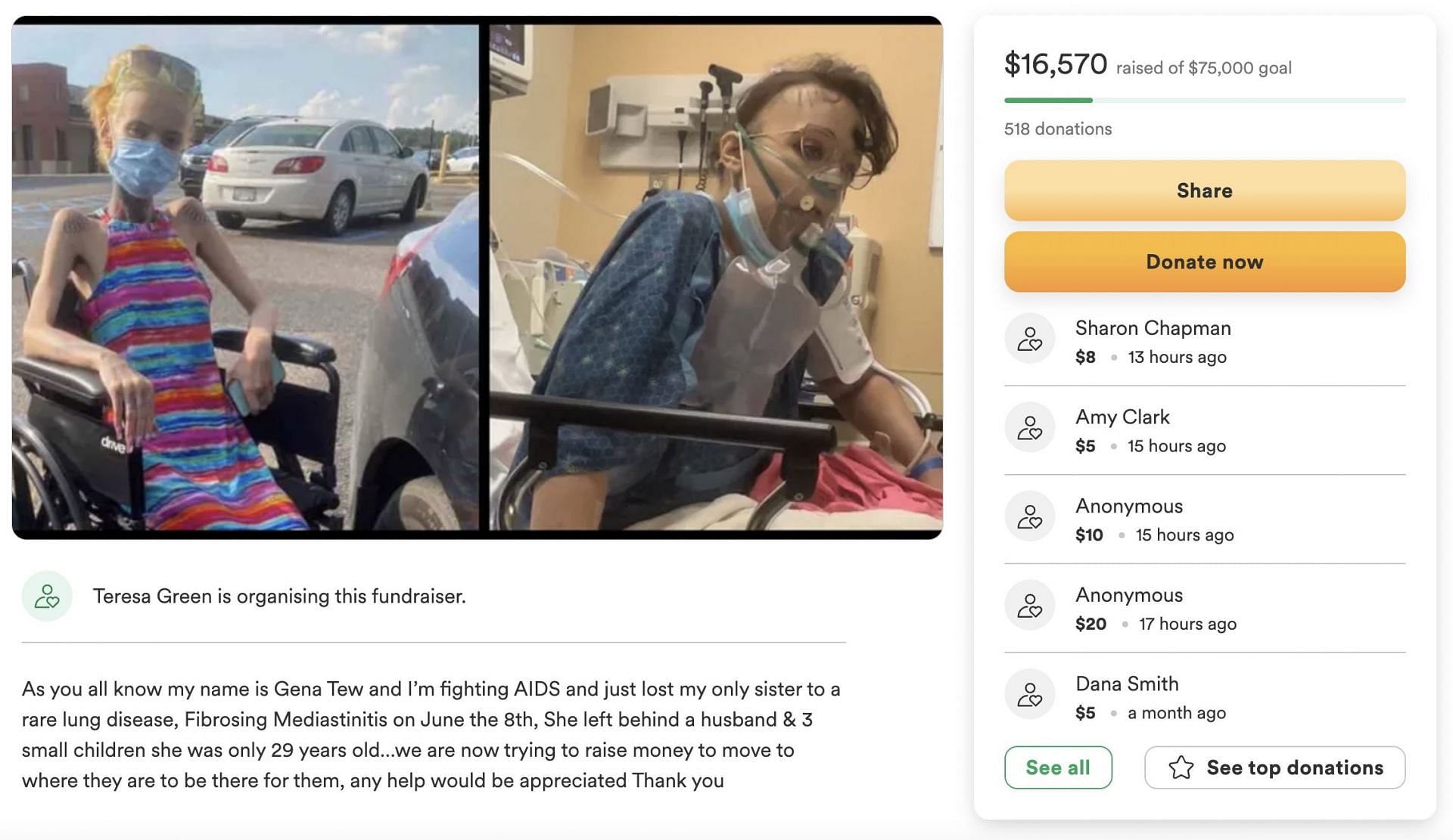 Gena Tew started a fundraiser for herself so that she is able to stay close to her family, for her better recovery. (Image via GoFundMe)