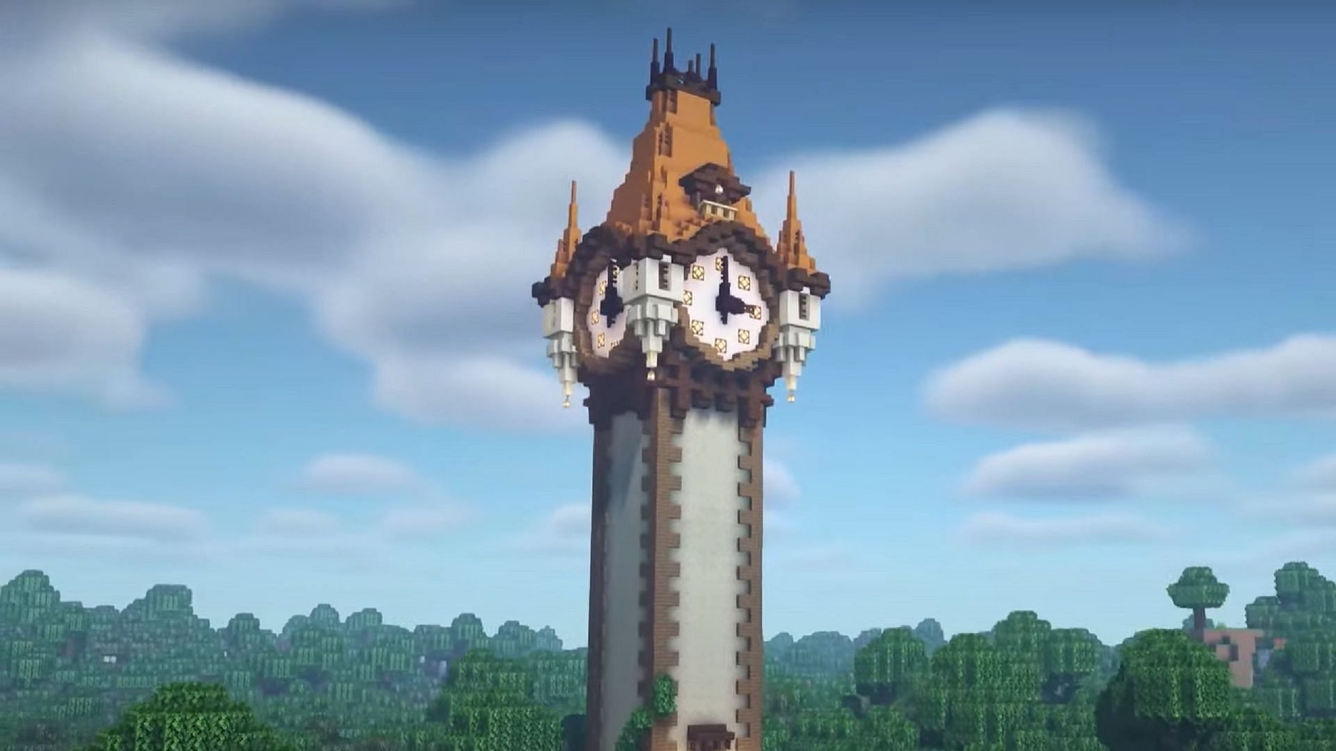 It may not keep perfect time, but this clock tower is a gorgeous build that offers plenty of room for living space (Image via Minecraft Fantasy Builds/YouTube)