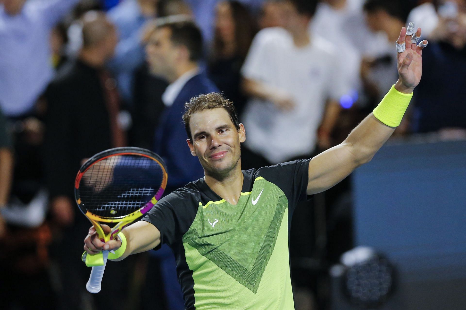 Rafael Nadal waves to the crowd after his match against Alejandro Tabilo at Copa Museo de la Moda