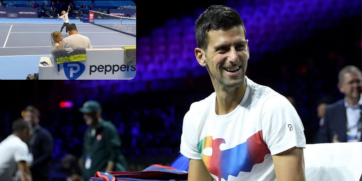 Novak Djokovic with his kids during a practice session at ATP Finals (inset).