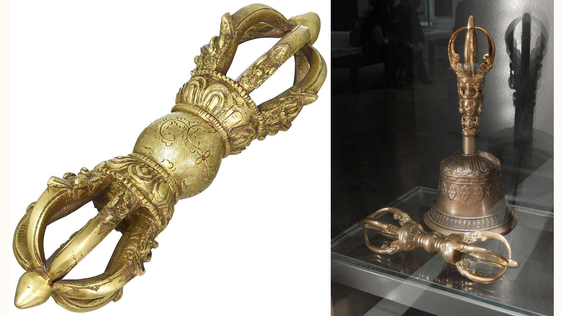 The Vajra (L) is usually accompanied by a Ghanta (Bell) (R) (image via Getty/BabelStone)