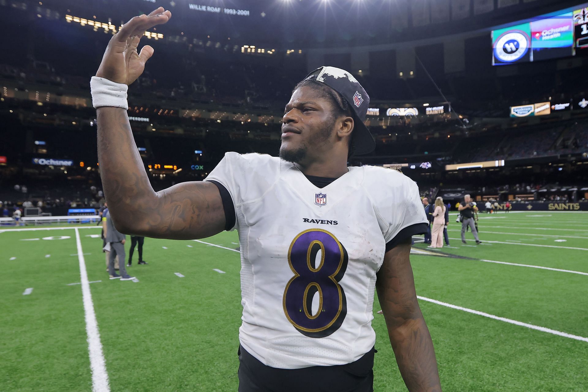 Lamar Jackson of the Baltimore Ravens reacts after defeating the New Orleans Saints 27-13