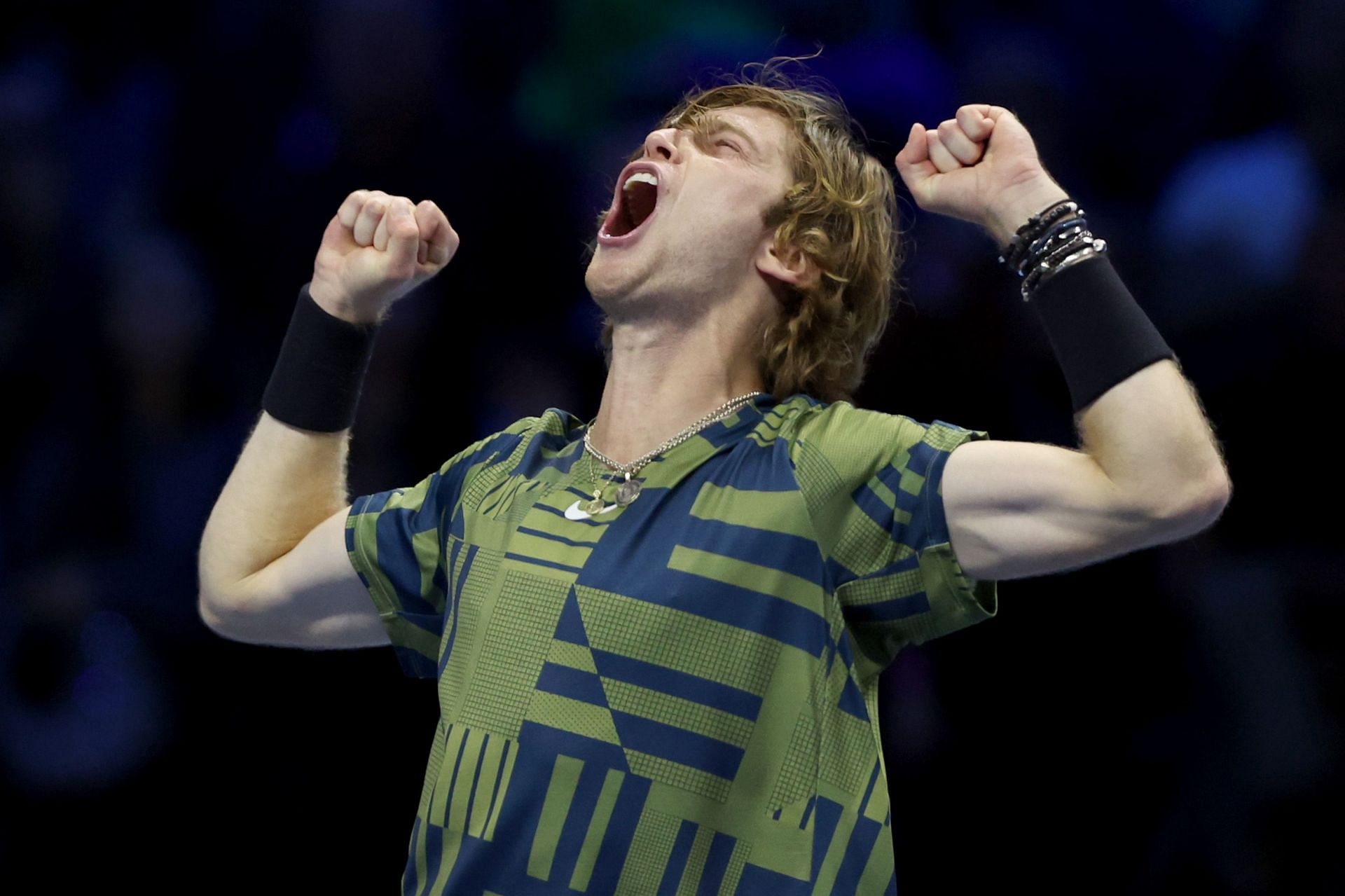 Andrey Rublev in action against Stefanos Tsitsipas in the 2022 ATP Finals.