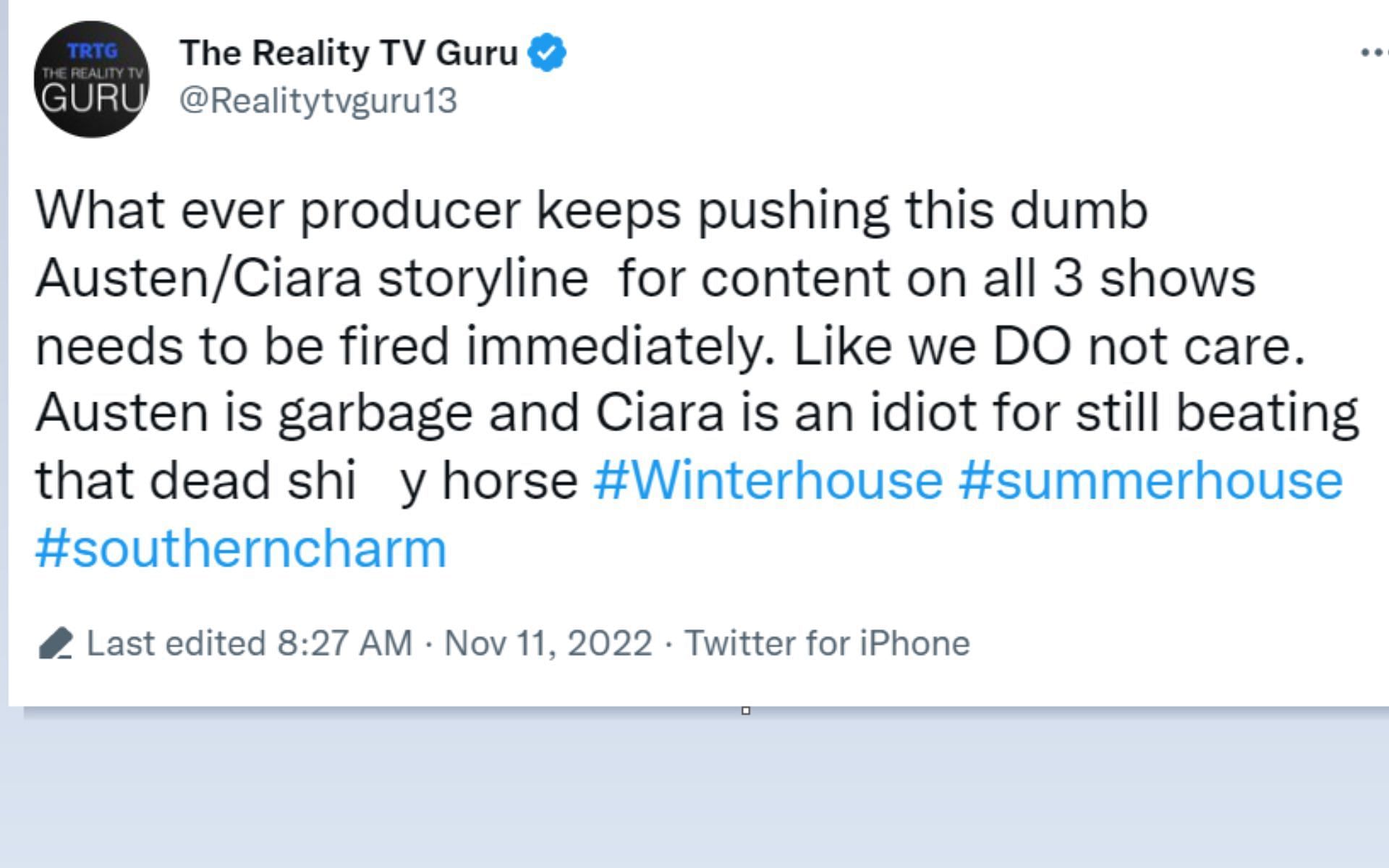 Fans want Ciara to move on (Image via Realitytvguru13/Twitter)