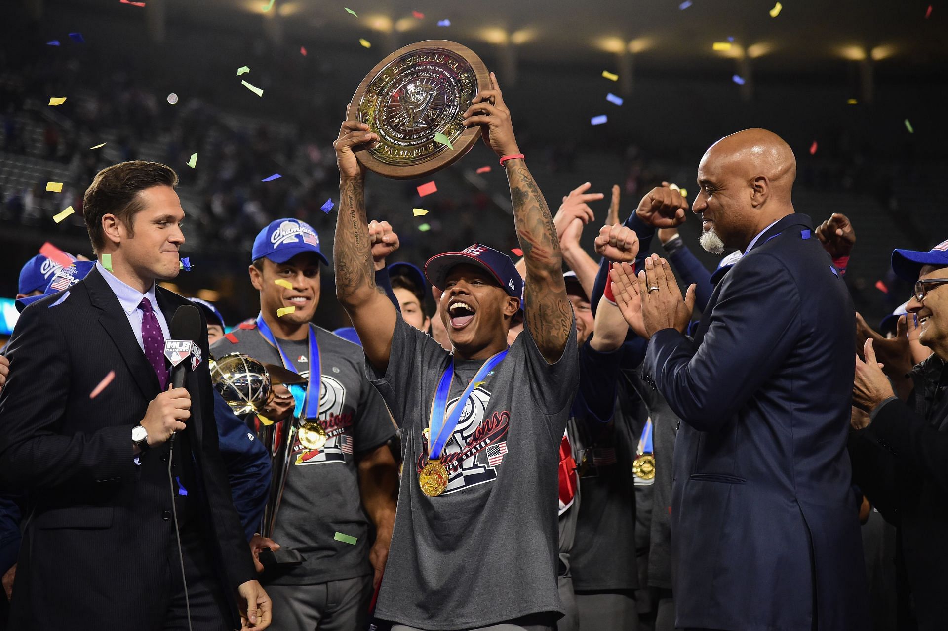 Team USA celebrate their first World Baseball Classic title.