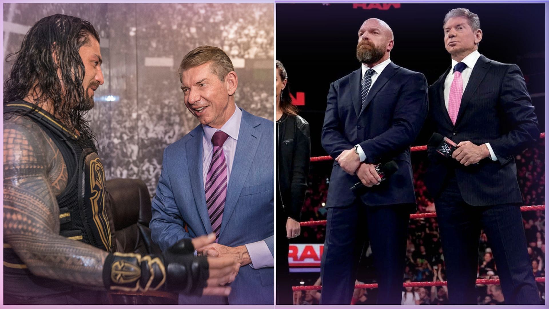WWE Superstar Roman Reigns, former Chairman Vince McMahon, and current Head of Creative Triple H