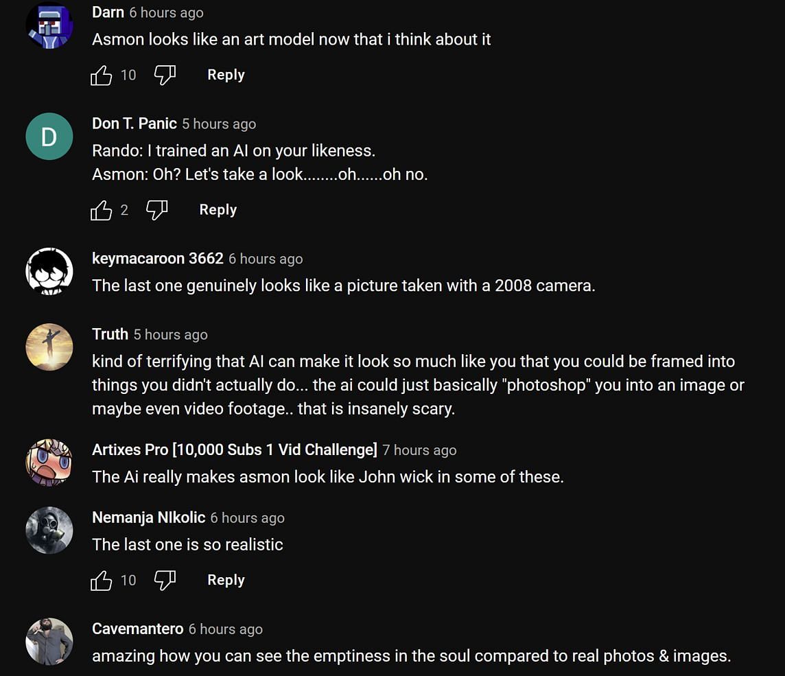 Fans in the YouTube comments section reacting to the AI-developed pictures (Images via Asmongold Clips/YouTube)