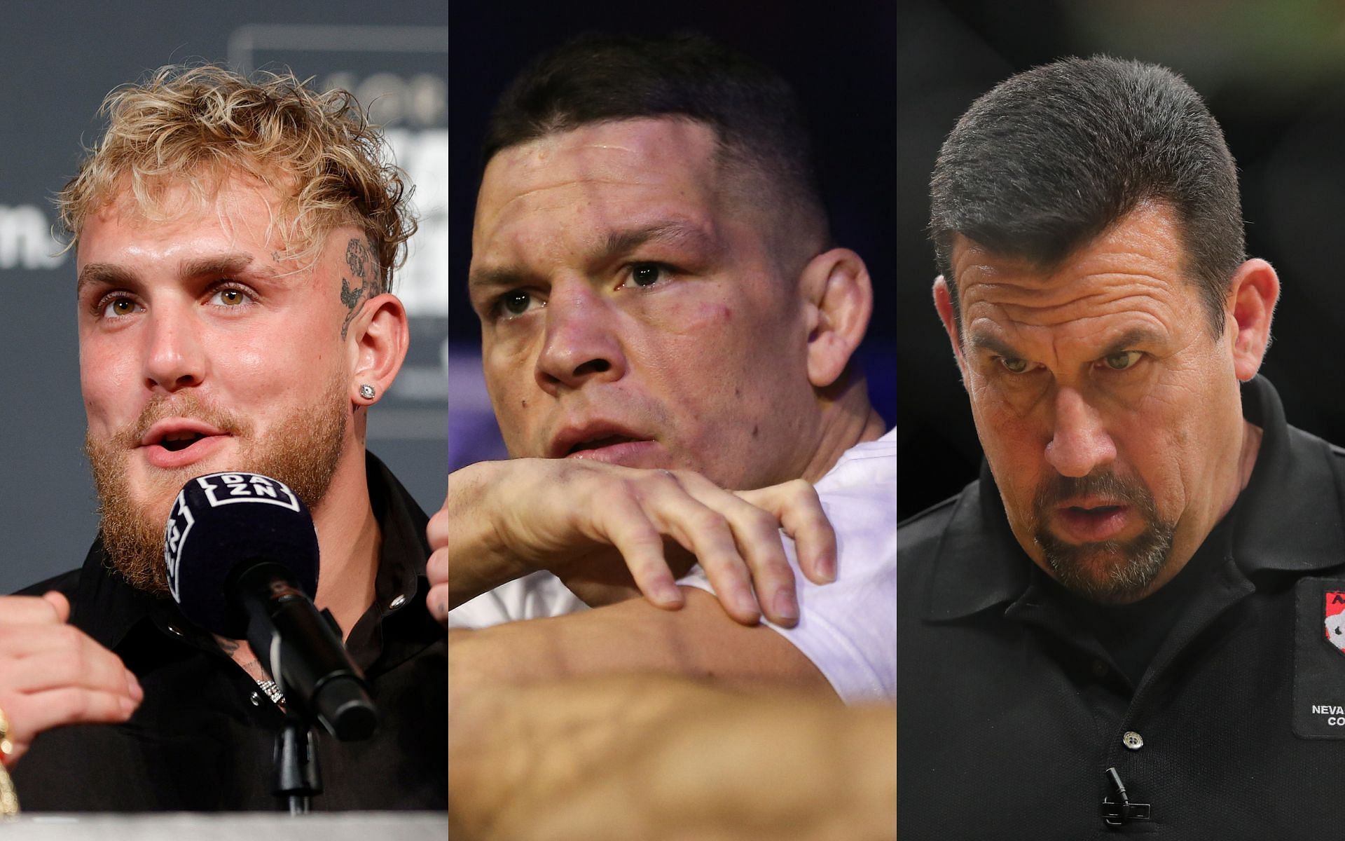 Jake Paul (Left), Nate Diaz (Middle), and John McCarthy (Right)