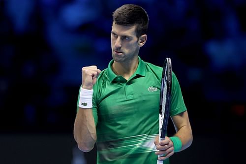 Novak Djokovic in action against Andrey Rublev at the 2022 ATP Finals.