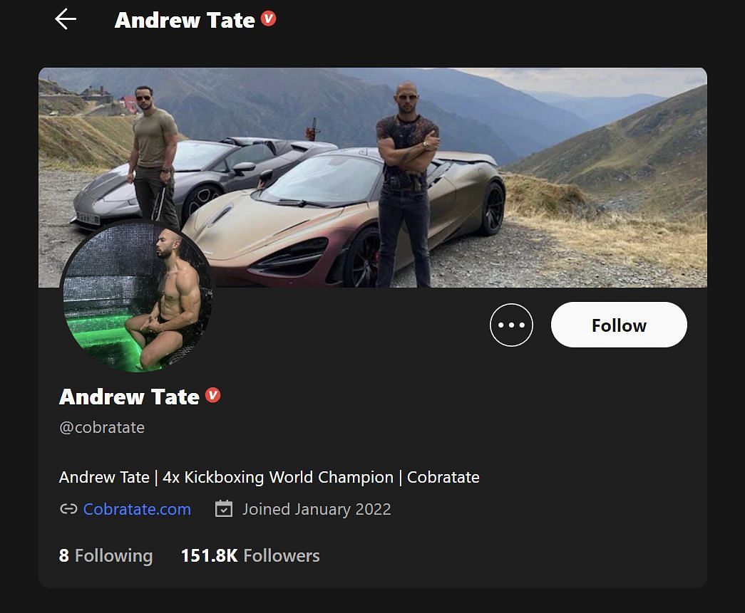 Andrew Tate&#039;s official Gettr handle has more than 151k followers as of November 21, 2022 (Image via Gettr)