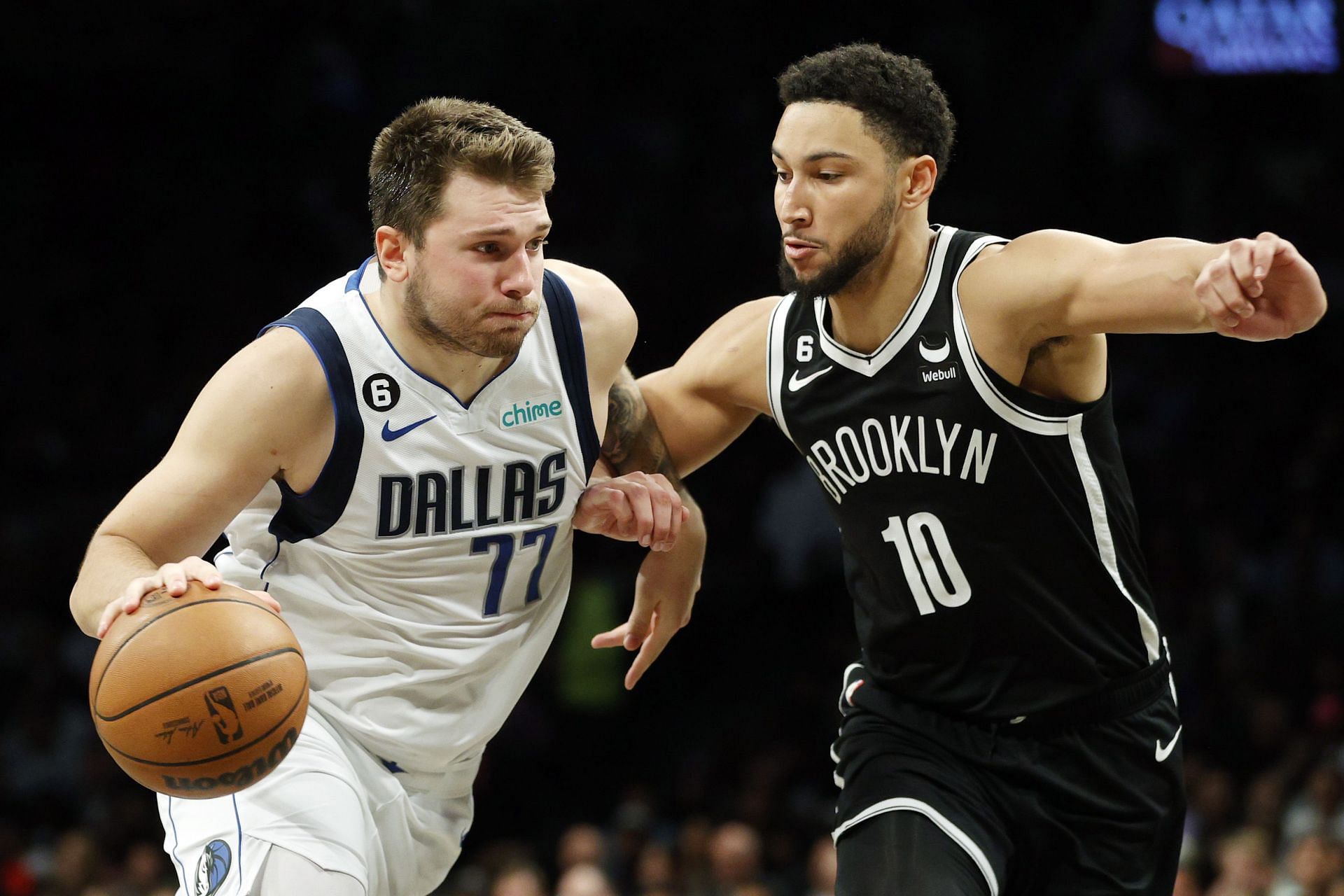 Dallas Mavericks superstar guard Luka Doncic (left) in action against the Brooklyn Nets