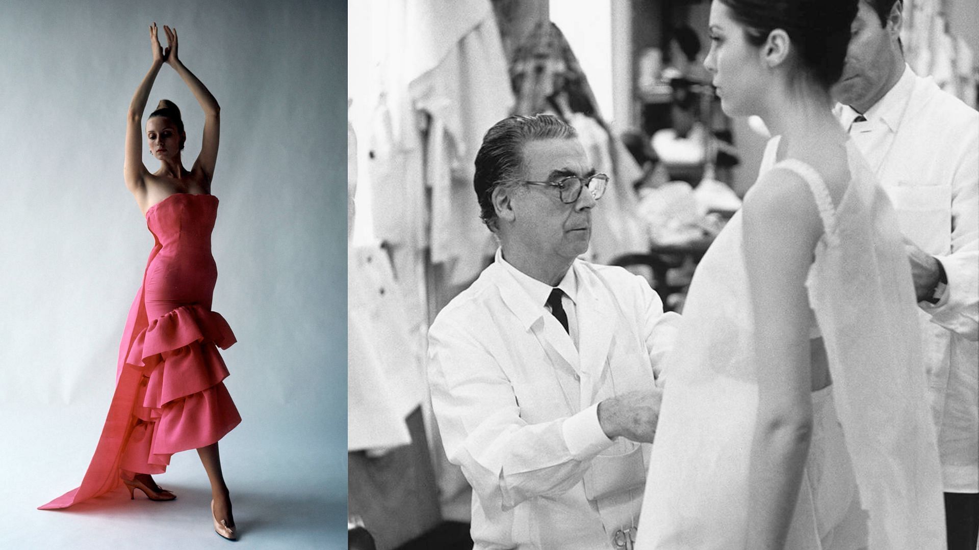 An evening dress designed by Cristobal Balenciaga with crisp white News  Photo - Getty Images