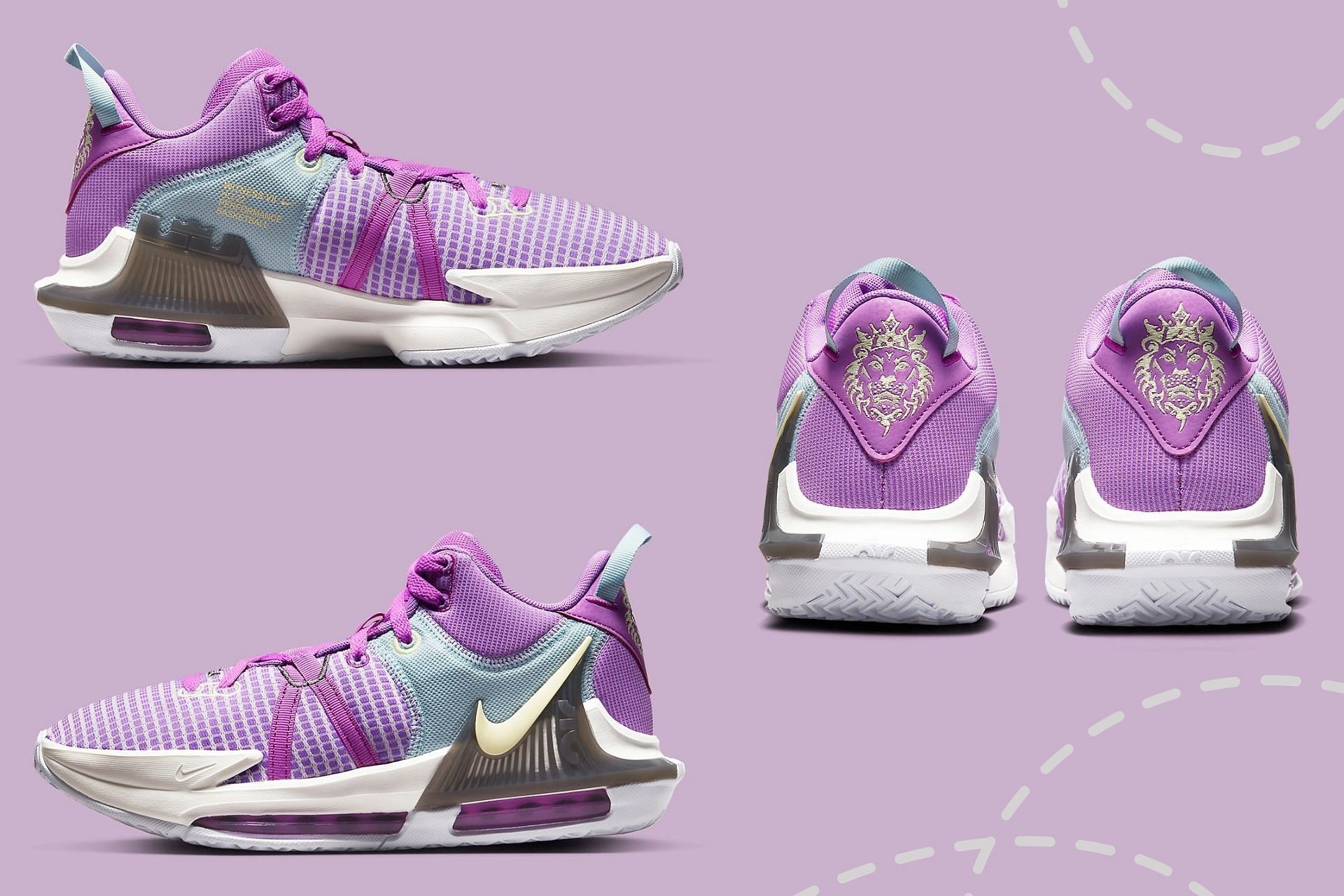 Here&#039;s a detailed look at the upcoming Nike LeBron Witness 7 Purple Pastel colorway (Image via Sportskeeda)