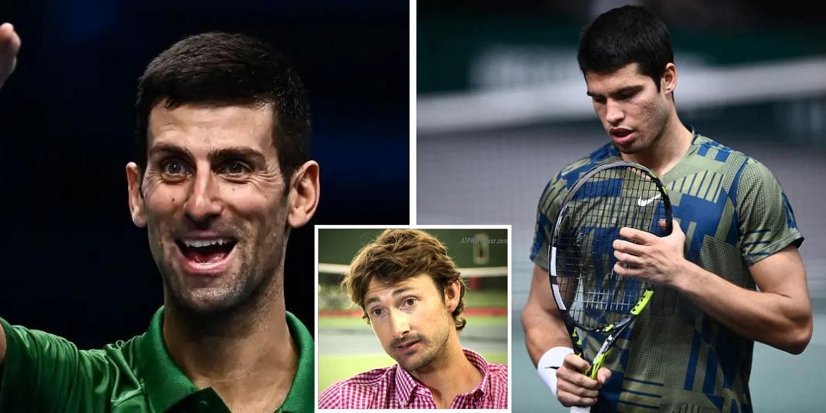 Novak Djokovic (L), Carlos Alcaraz (R) and Juan Carlos Ferrero (inset)