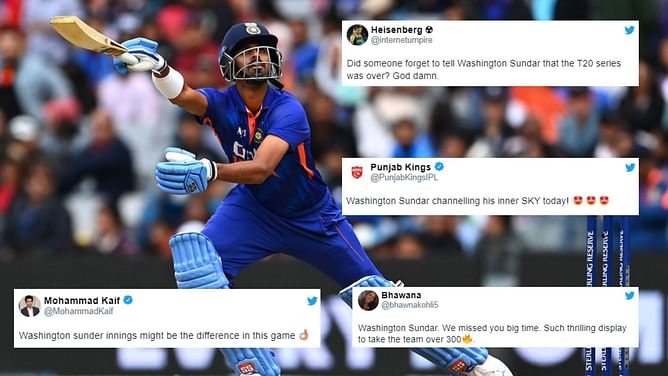 "Washington Sundar channelling his inner SKY today" - Fans erupt as Sundar's blistering cameo takes India to 306/7 vs NZ