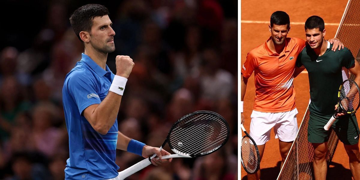 Novak Djokovic at the 2022 Paris Masters (L).