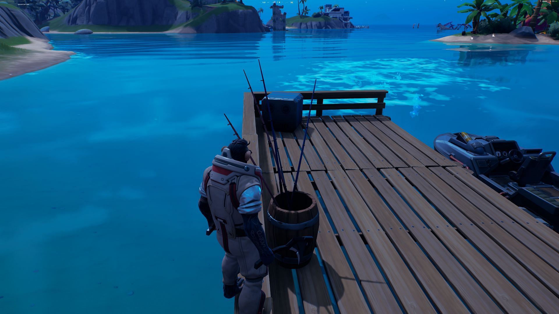 Search fish barrels for fishing supplies and start fishing (Image via Epic Games)