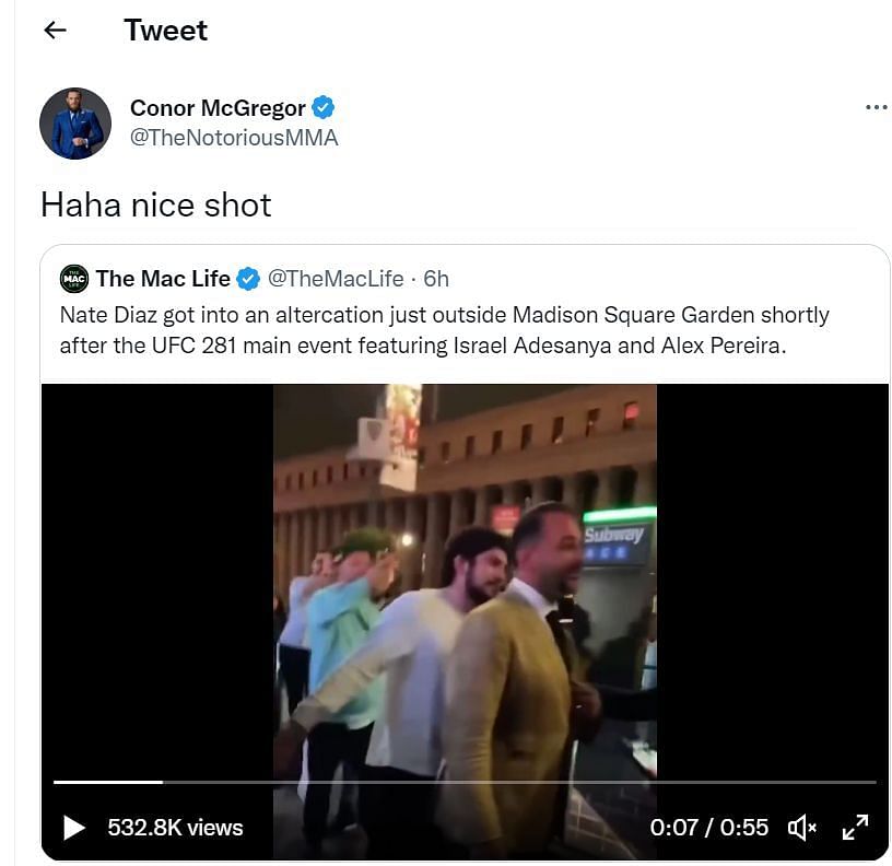 Conor McGregor reacts to Nate Diaz slapping Dillon Danis' friend