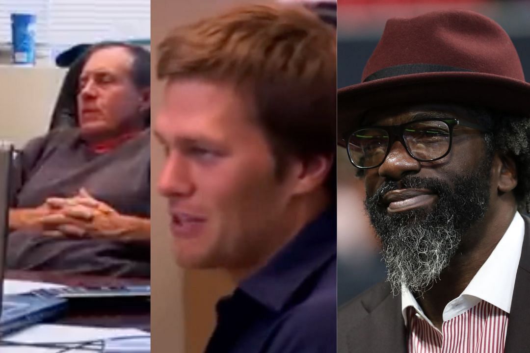 Patriots HC Bill Belichick (l) and former Patriots QB Tom Brady (c) discussing HOF safety Ed Reed (r)