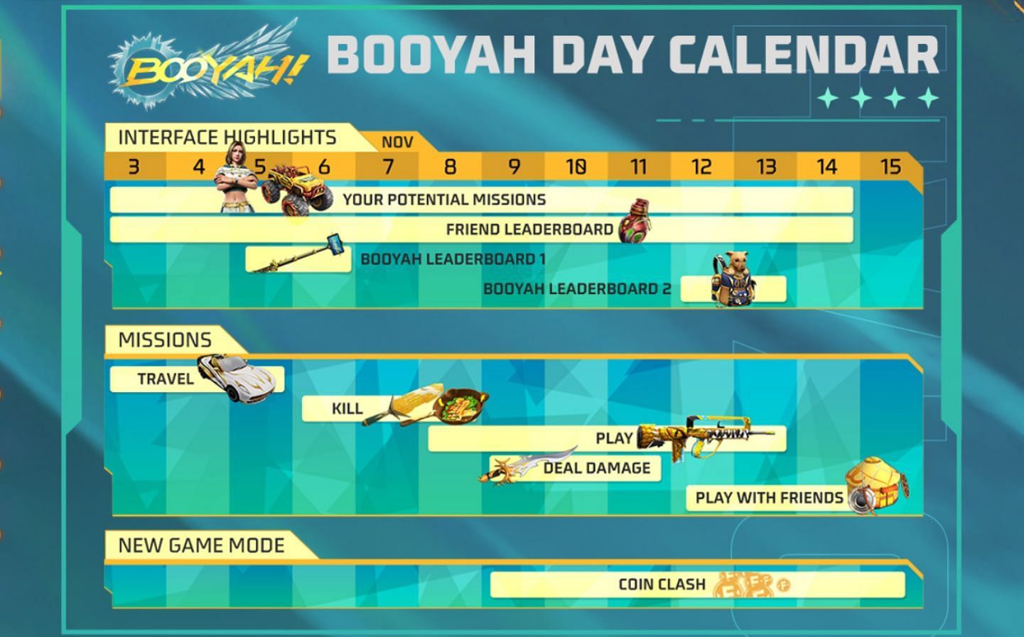 Booyah Day calendar showing events from November 3 to 15 (Image via Garena)