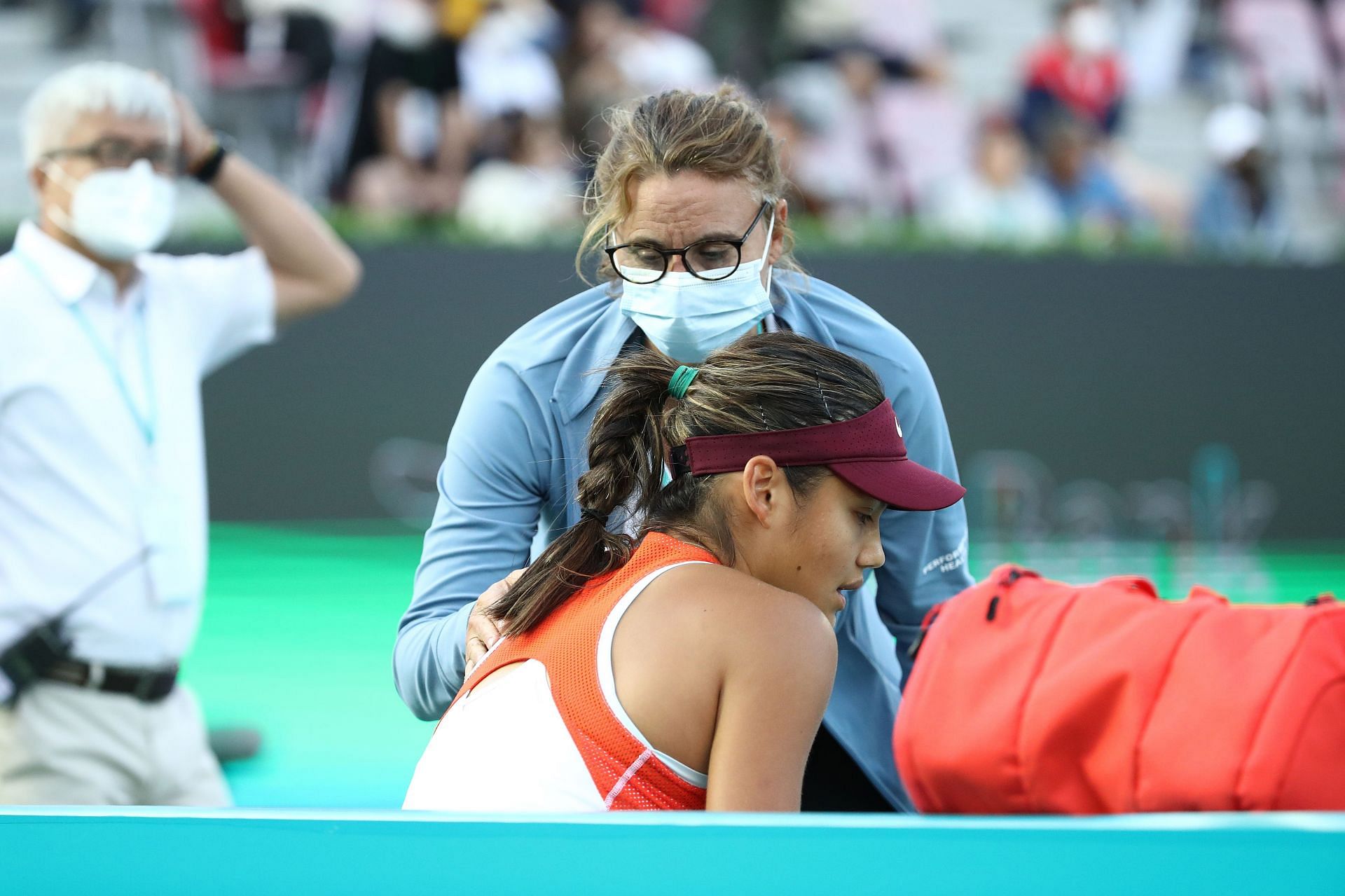 Emma Raducanu gets a medical check-up done during a match at the Hana Bank Korea Open