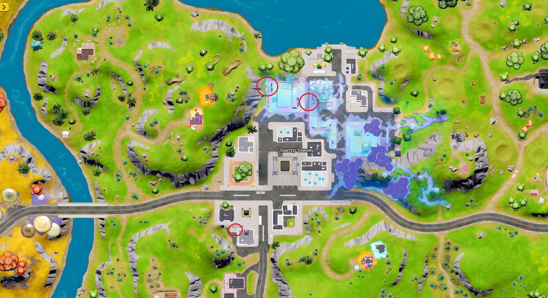 Open dumpster locations in Tainted Towers (Image via Fortnite.GG)